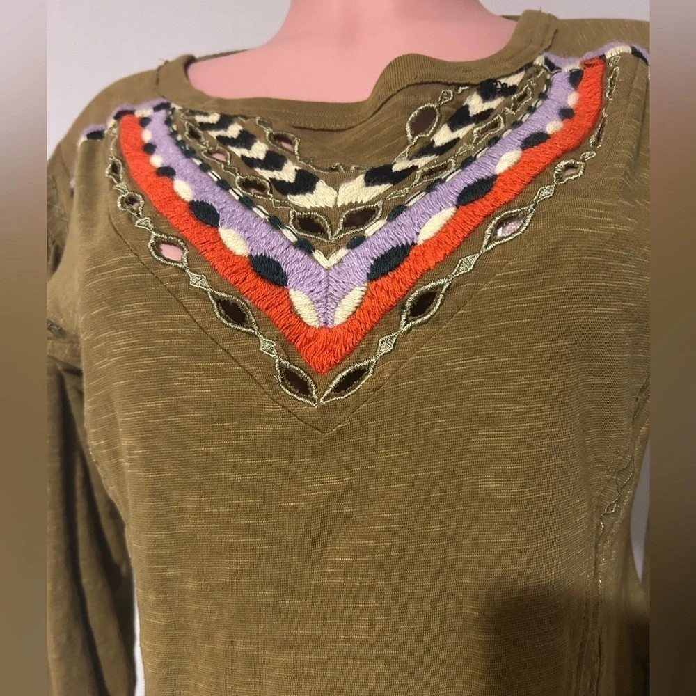 Free People Boho Moss Green Top Long Sleeve Embroidered Size XS